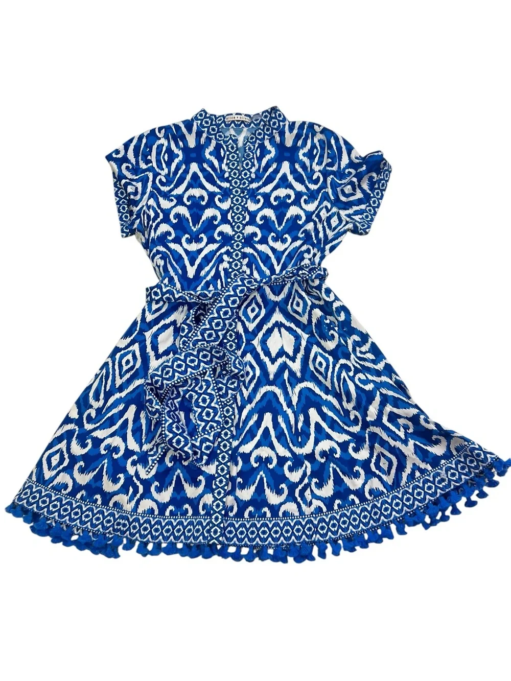 Alice + Olivia Lucy Roll Sleeve Ikat Mini Belted Shirtdress Size 12 - Picture 8 of 10